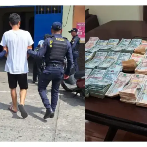 Uno de los detenidos y el dinero decomisado en el operativo contra el lavado y narcomenudeo. ,