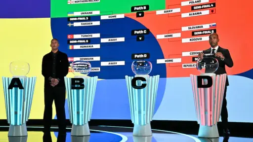 Momento en el sorteo de la repesca mundialista en la UEFA 