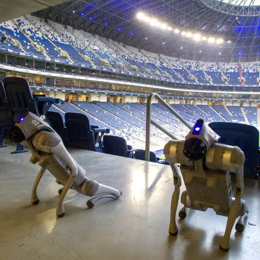 Dos perros robot en el estadio donde se jugó el Monterrey vs. Xelajú 