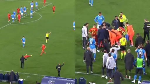 Lameck Banda es atendido durante el duelo Nápoles vs. Lecce