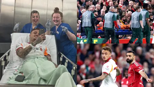 Noa Lang al salir de su intervención quirúrgica este jueves 