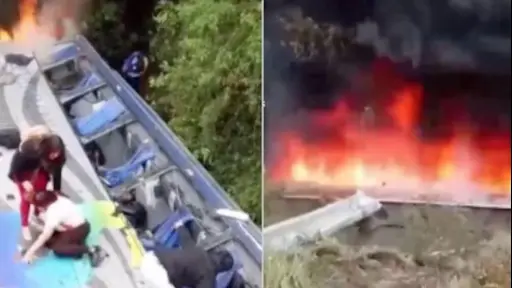 Pasajeros escapan de bus antes de incendio ,Captura de video