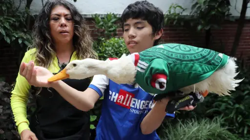 Karla Gómez y su hijo Cristian posando con su pato Merlín. ,EFE