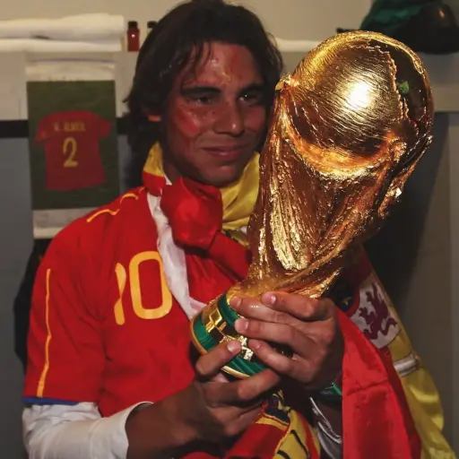 Rafa Nadal con el trofeo del Mundial de Sudáfrica 2010 - Selección Española