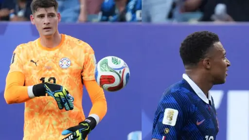 Momento en que Orlando Gill lanza pelotazo a Mbappé