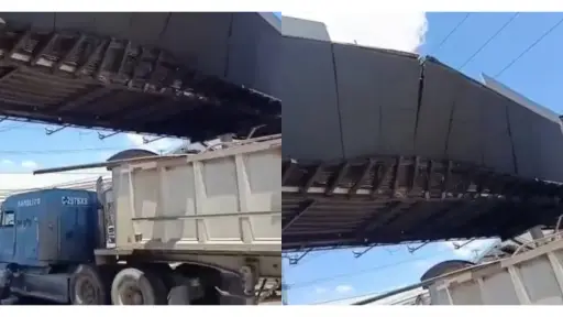 Góndola de tráiler se eleva e impacta pasarela en la Aguilar Batres. ,
